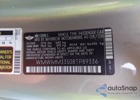 2008 Mini Cooper S Clubman z USA, uszkodzony, nr VIN WMWMM33508TP89336